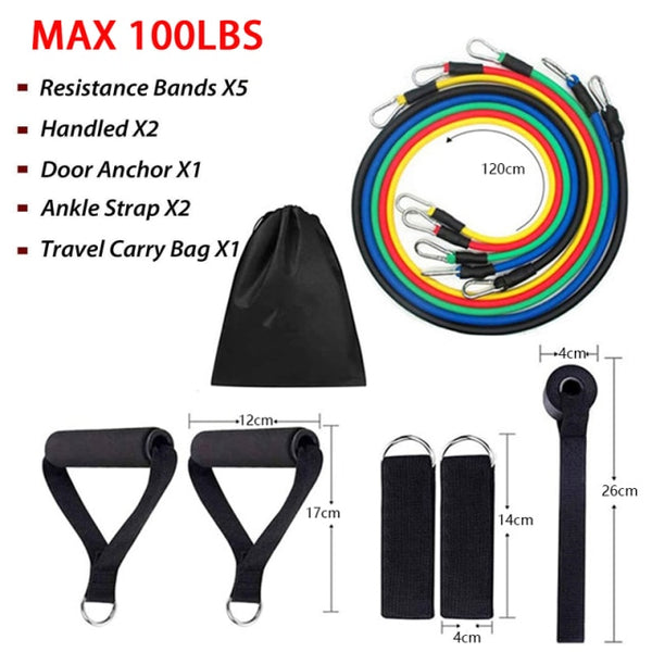 11pcs/Set Latex Resistance Bands Set Exercise Yoga Tube Pull Rope Fitness Sport Rubber Elastic Bands Muscle Strength Training